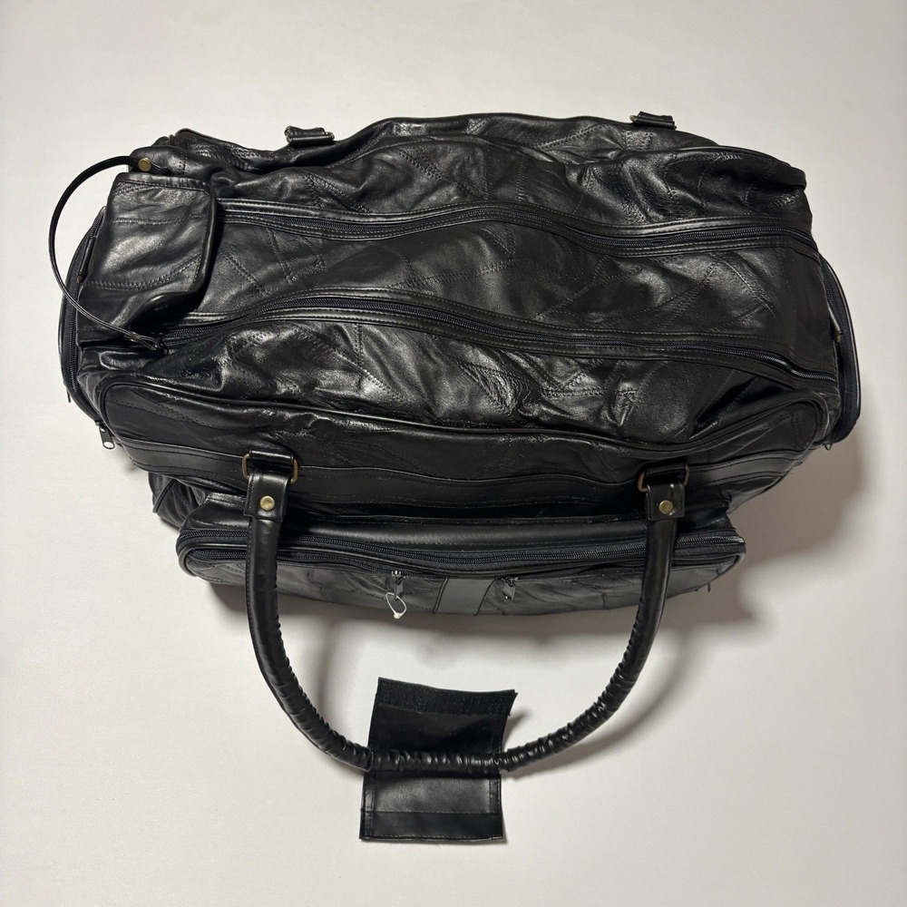 Vintage Genuine Leather Duffel Bag Patchwork Travel Gym Weekender Black